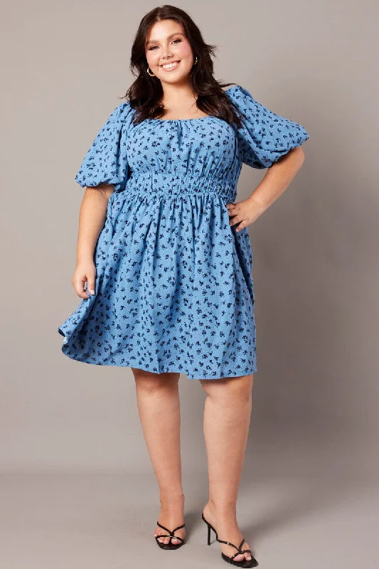 Off-the-shoulder dresses for womenBlue Ditsy Puff Skater Dress