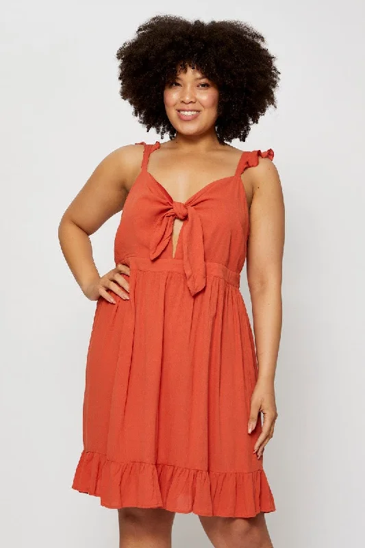 Elegant women's dressesBrown Skater Dress V-neck Sleeveless Tie Front