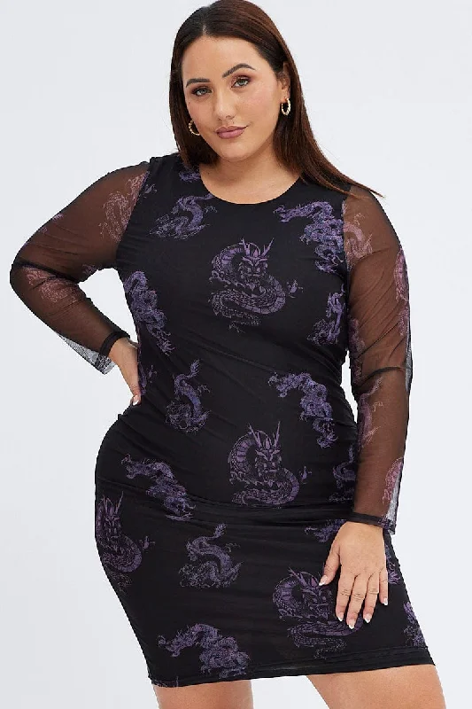 Striped dresses for womenBlack Print Mesh Dress Bodycon Dragon Knee Length