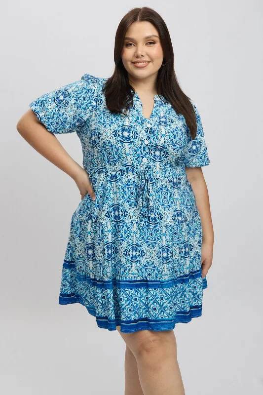 Strapless dresses for womenBlue Boho Button Through Border Print Shirtdress
