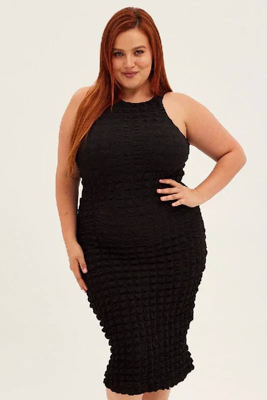 Workout dresses for active lifestylesBlack Knee Dress Stretch Bubble Texture