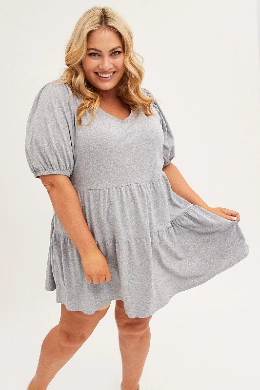 Tall women's dressesGrey Tiered Dress Puff Sleeve Round Neck
