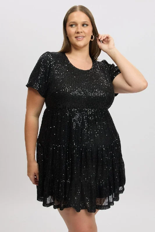 Halter dresses for womenBlack Sequin Tiered Swing Dress
