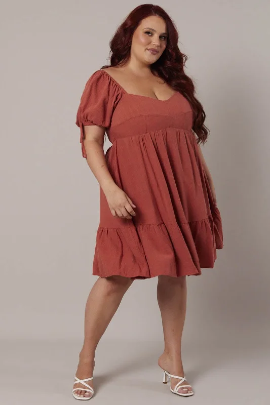 Fit-and-flare dresses for womenBrown Skater Dress Puff Sleeve Frill Hem