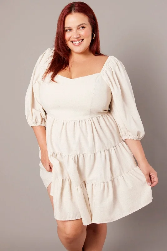 Embroidered dresses for womenBeige Puff Three Quarter Sleeve Sweetheart Neck Dress