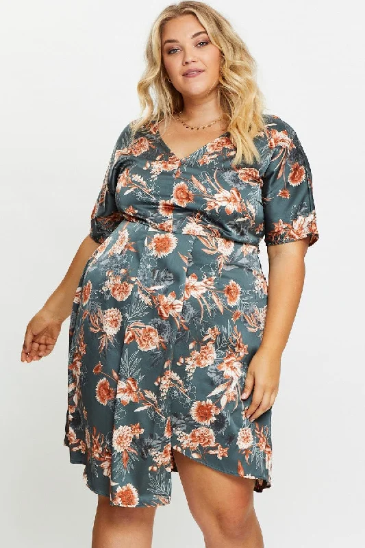 Mini dresses for womenFloral Print Skater Dress V-neck Three-Quarter Sleeve