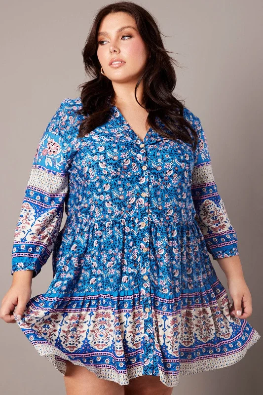 Bridesmaid dresses for womenBlue Boho Button Through Shirtdress