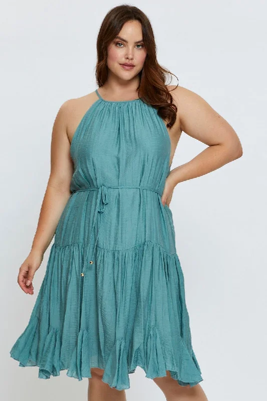 Patterned dresses for womenGreen Skater Dress Halter Sleeveless Ruffle Hem
