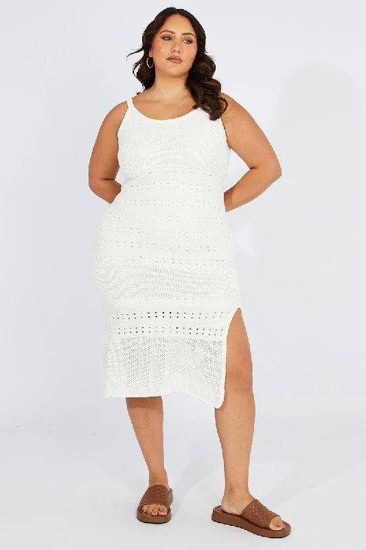 High-slit dresses for womenWhite Crochet Knit Dress Sleeveless
