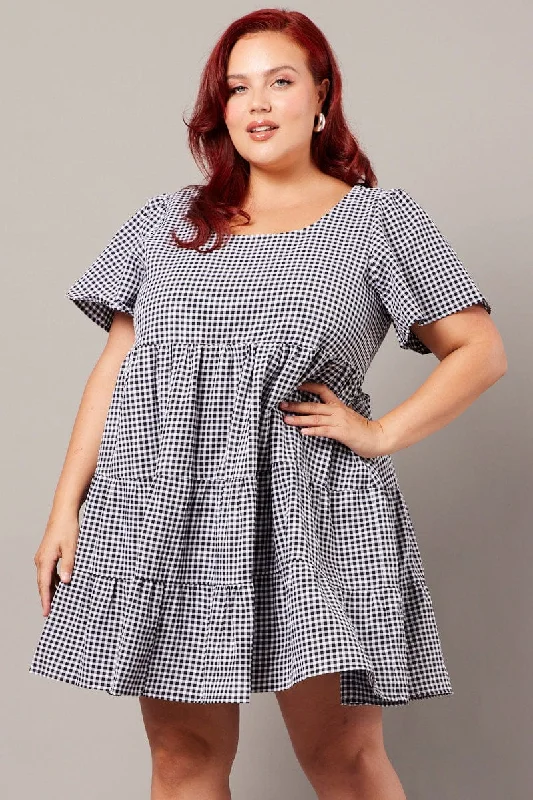 Plunging neckline dresses for womenBlack Check Smock Dress Flare Sleeve Tiered Round Neck