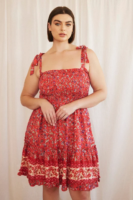 Smock dresses for womenRed Boho Fit And Flare Dress Sleeveless Shirred