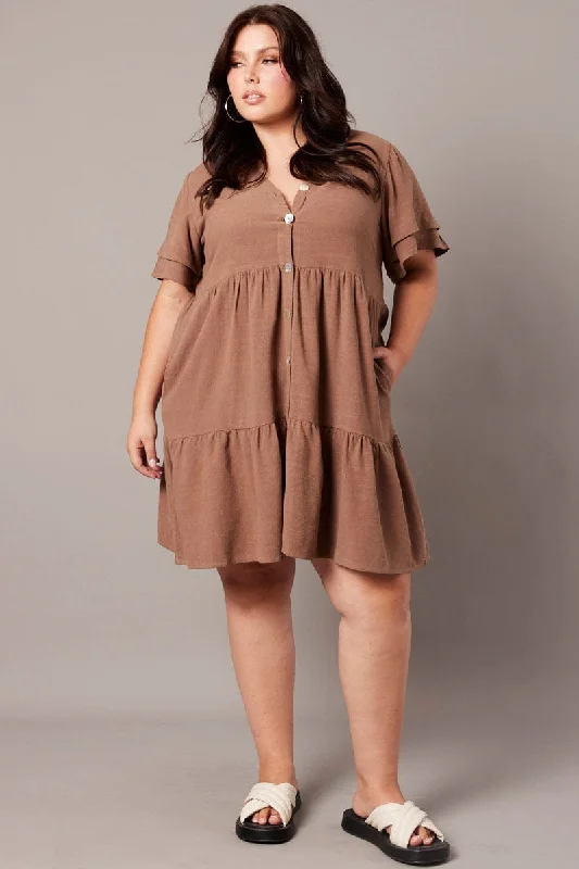 Synthetic dresses for budget-friendly optionsBrown Button Frill Slv Dress