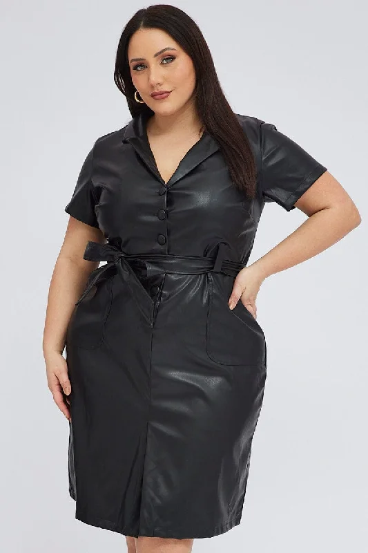 Festival dresses for music and arts eventsBlack Faux Leather Dress Knee Length Short Sleeve Belt