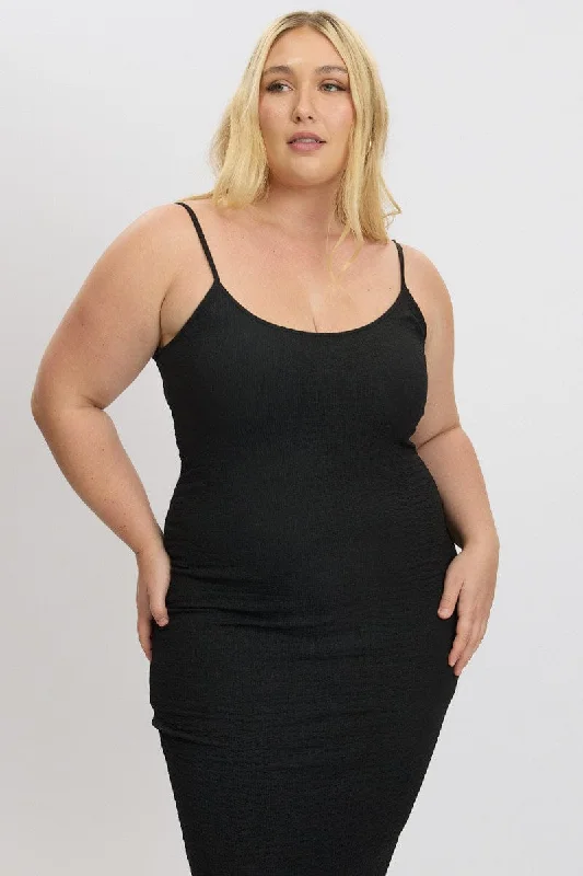 High-low hem dresses for womenBlack Bubble Texture Strappy Bodycon Scoop Neck Dress