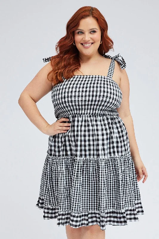 Workwear women's dressesBlack Check Fit And Flare Dress Sleeveless Shirred
