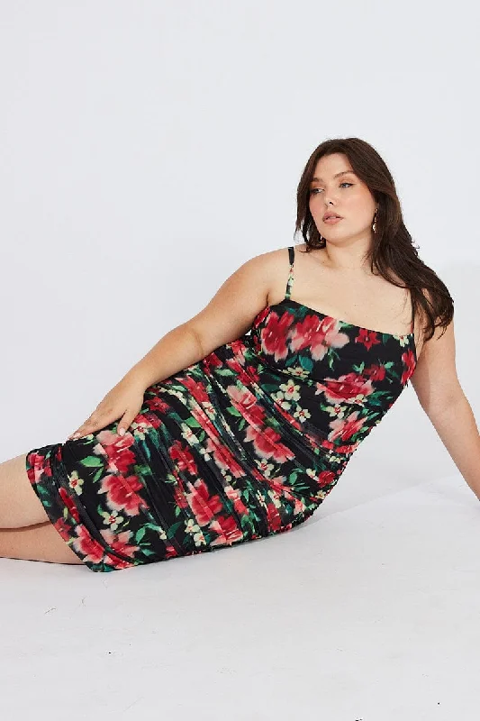 One-shoulder dresses for womenBlack Floral Mesh Dress Sleeveless Ruched