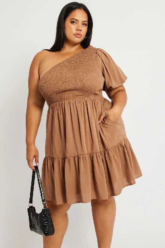 Handmade dresses for unique fashion statementsBrown One Shoulder Dress Shirred Bodice Pockets