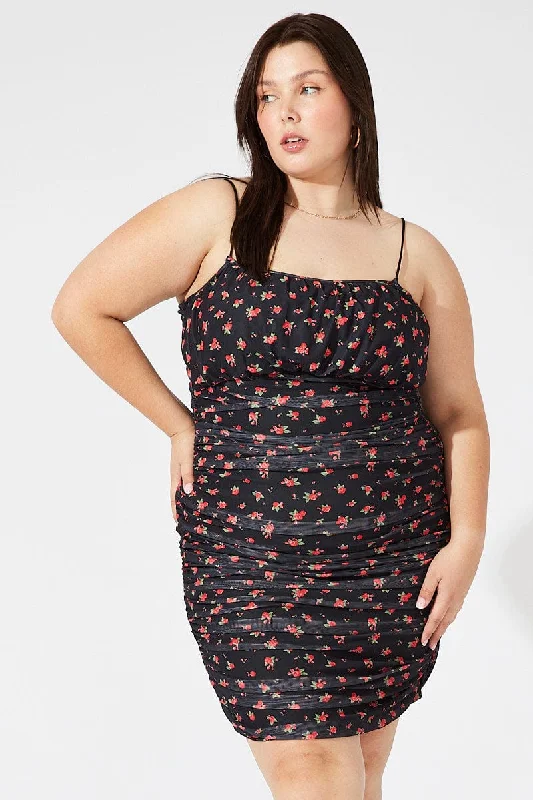 Strapless dresses for womenRed Ditsy Mesh Ruched Dress