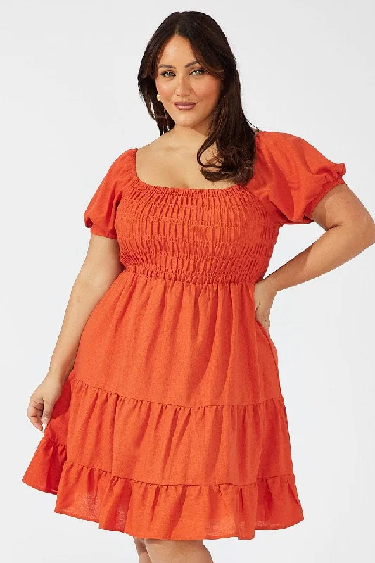 Batwing sleeve dresses for womenBrown Shirred Bodice Tiered Skater Dress