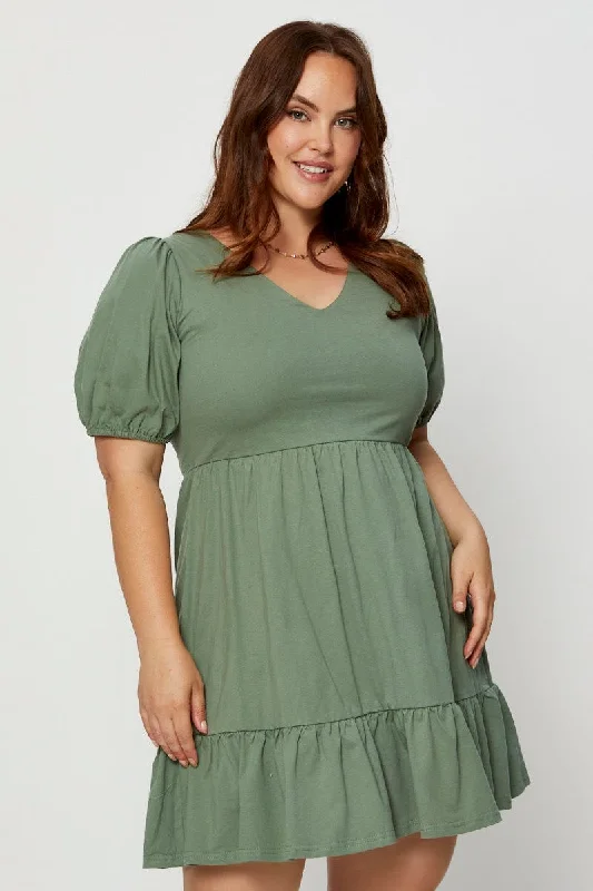 Short-sleeved dresses for womenGreen Skater Dress V-neck Puff Sleeve Ruffle Hem