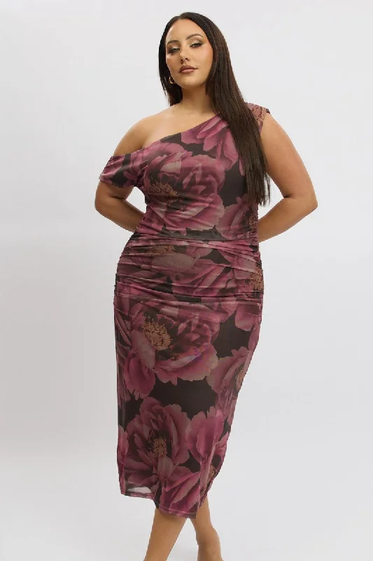 Short-sleeved dresses for womenMulti Floral One Shoulder Asymmetric Dress