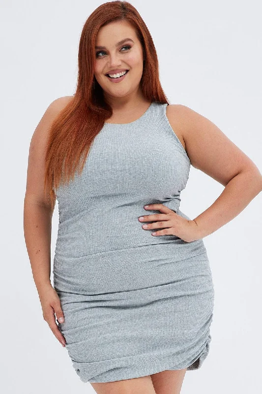 Bohemian women's dressesGrey Ruched Dress Rib Bodycon Jersey