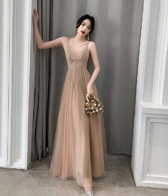 Wrap dresses for womenA line v neck tulle long prom dress evening dress  8421