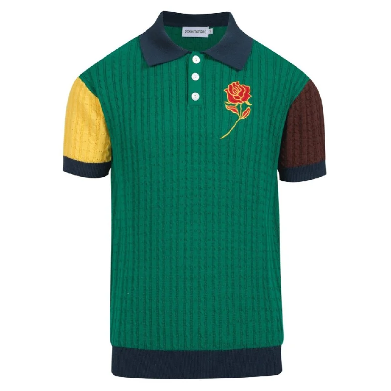 short-sleeved men's clothing featuring breathable fabricMen's green patchwork vintage knit polo shirt