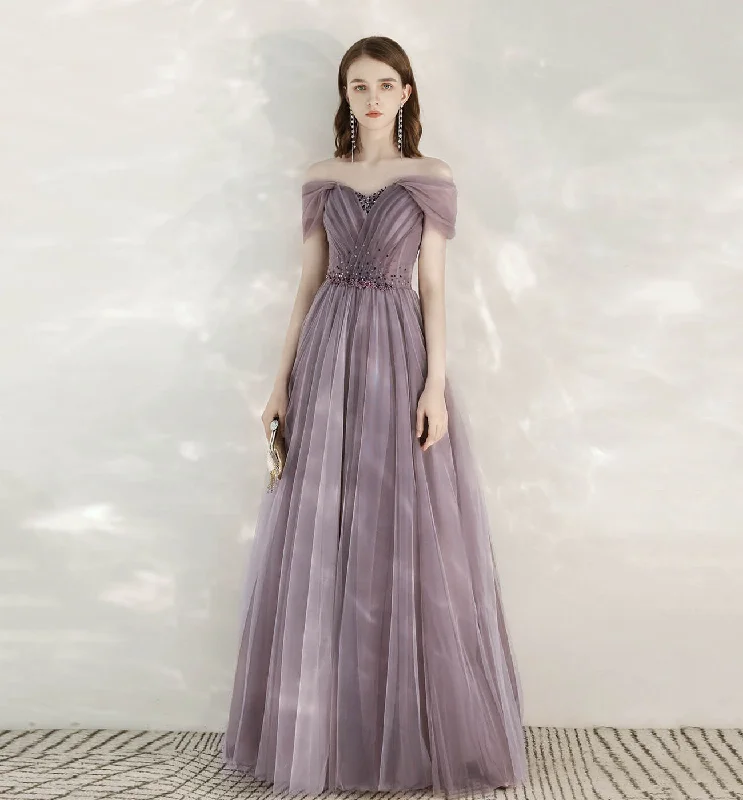 One-shoulder dresses for womenPurple tulle beads long prom dress evening dress  8613