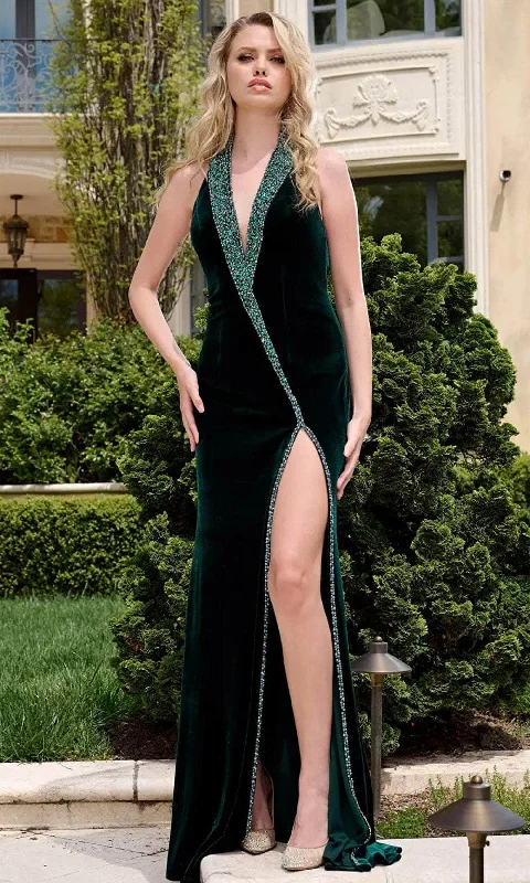 Midi dresses for womenJovani 40119 - Velvet Evening Gown with Plunging Halter Neckline