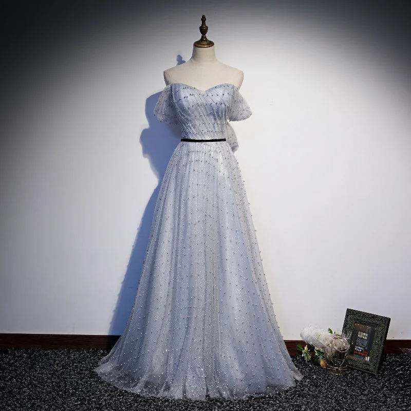 Vintage-inspired dresses for retro fashion loversLovely A line tulle pearl long prom dress evening dress  8685