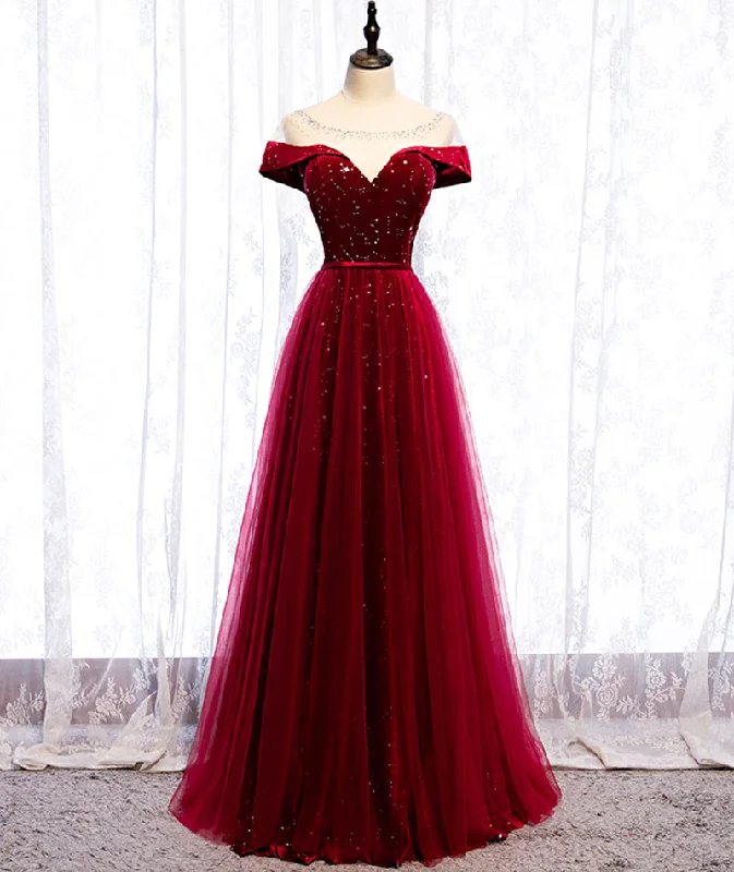 Checkered dresses for womenBurgundy velvet tulle long prom dress evening dress  8400