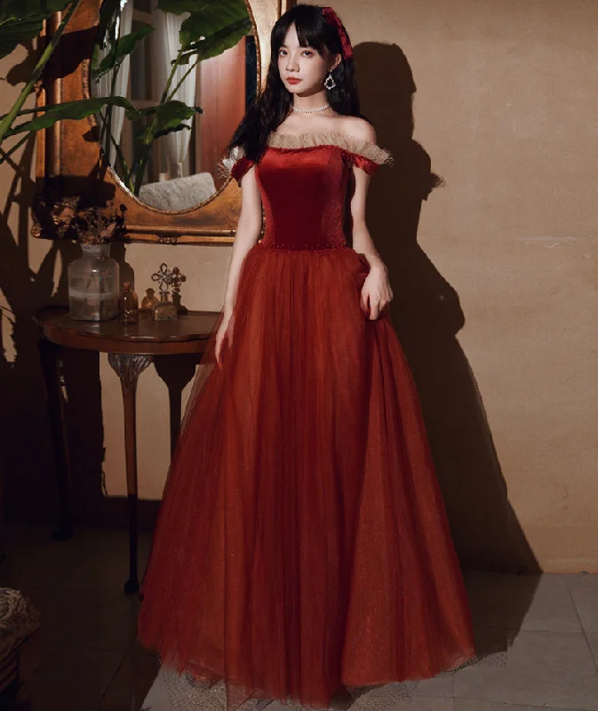 Backless dresses for womenBurgundy velvet tulle long prom dress evening dress  8382