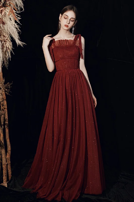 Synthetic dresses for budget-friendly optionsBurgundy tulle long A line prom dress evening dress  8571