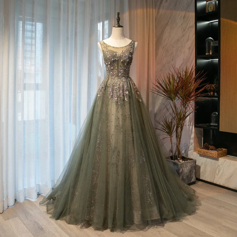 Dancewear dresses for performancesCute tulle sequins long A line prom dress evening dress  8696