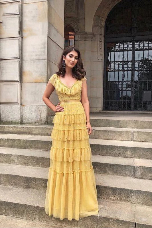 Tall women's dressesYellow fashion unique ruffled V neck long floor length tulle ball gown evening dress gh2786