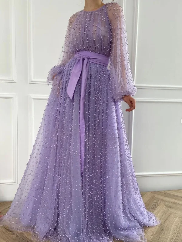 Shift dresses for womenPurple round neck tulle beaded long ball gown, purple evening dress gh2150