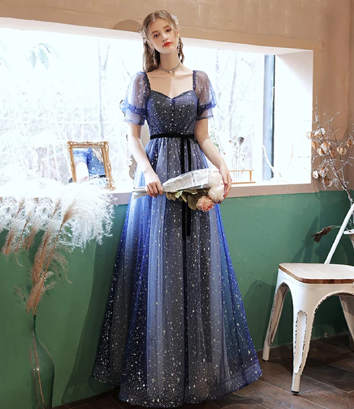 Midi dresses for womenBlue tulle long A line prom dress blue evening dress  8658