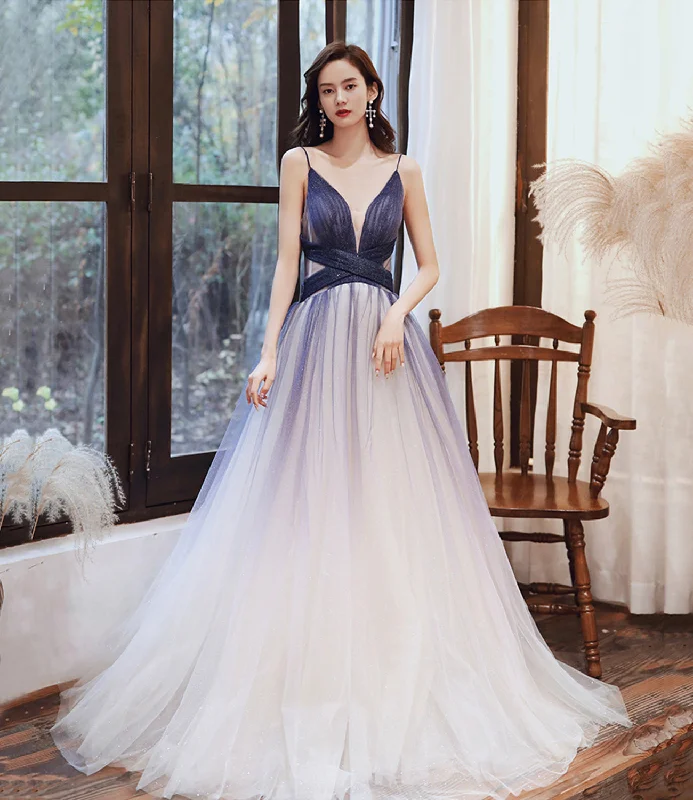 Leather dresses for womenStylish v neck tulle long A line prom dress blue evening dress  8725