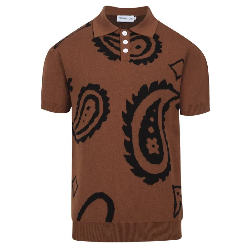 bold and colorful short-sleeved tops for menMen's coffee-colored vintage jacquard knit polo shirt