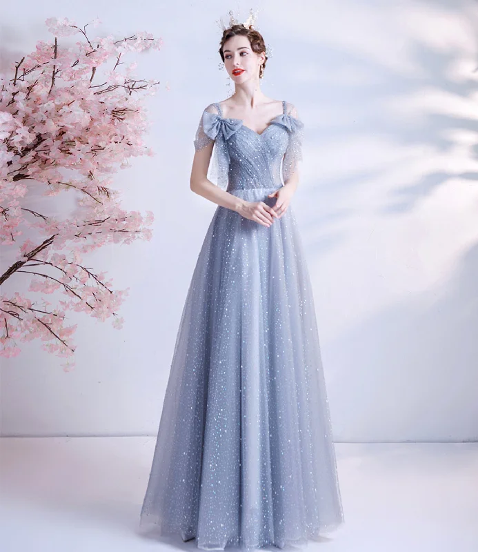 Summer dresses for hot weatherGray tulle sequins long A line prom dress evening dress  8690
