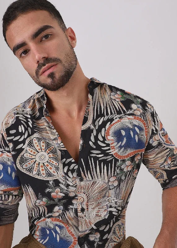 tops with adjustable sleeves for menBlack Abstract Feather Shirt