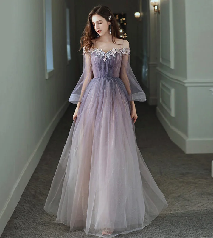 Winter dresses for cold weatherPurple tulle lace long prom dress purple evening dress  8538