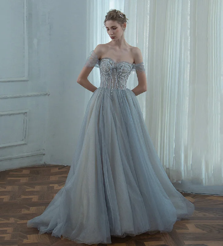 Velvet dresses for womenGrey tulle beads long prom dress evening dress  8498