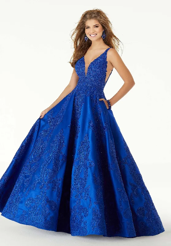 Synthetic dresses for budget-friendly optionsMori Lee - Plunging Lace Appliqued Satin Gown 43089SC