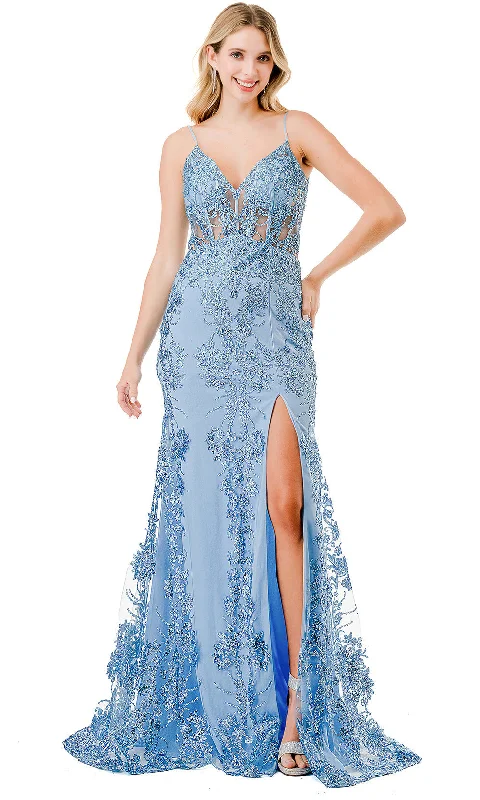 Spaghetti strap dresses for womenTrevi Collection L2864W - V-Neck High Slit Evening Gown