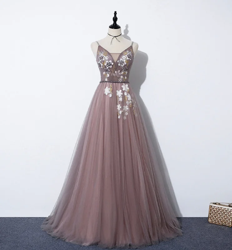 Godet dresses for womenCute v neck tulle long A line prom dress evening dress  8587
