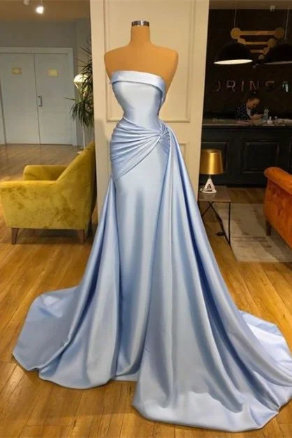 Halter dresses for womenElegant Strapless Baby Blue Mermaid Evening Dress Long With Ruffle  gh1116