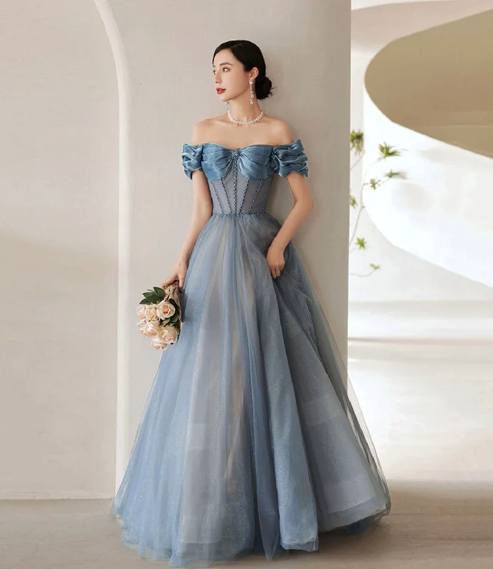 Peplum dresses for womenBlue tulle long A line ball gown dress evening gown  10287