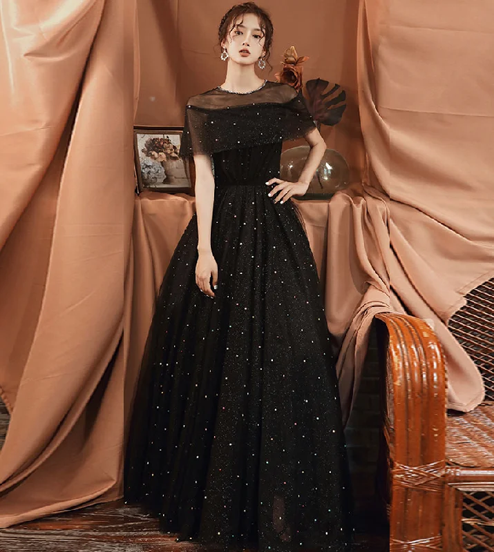 Sustainable dresses for eco-conscious womenBlack A line tulle long prom dress black evening dress  8559